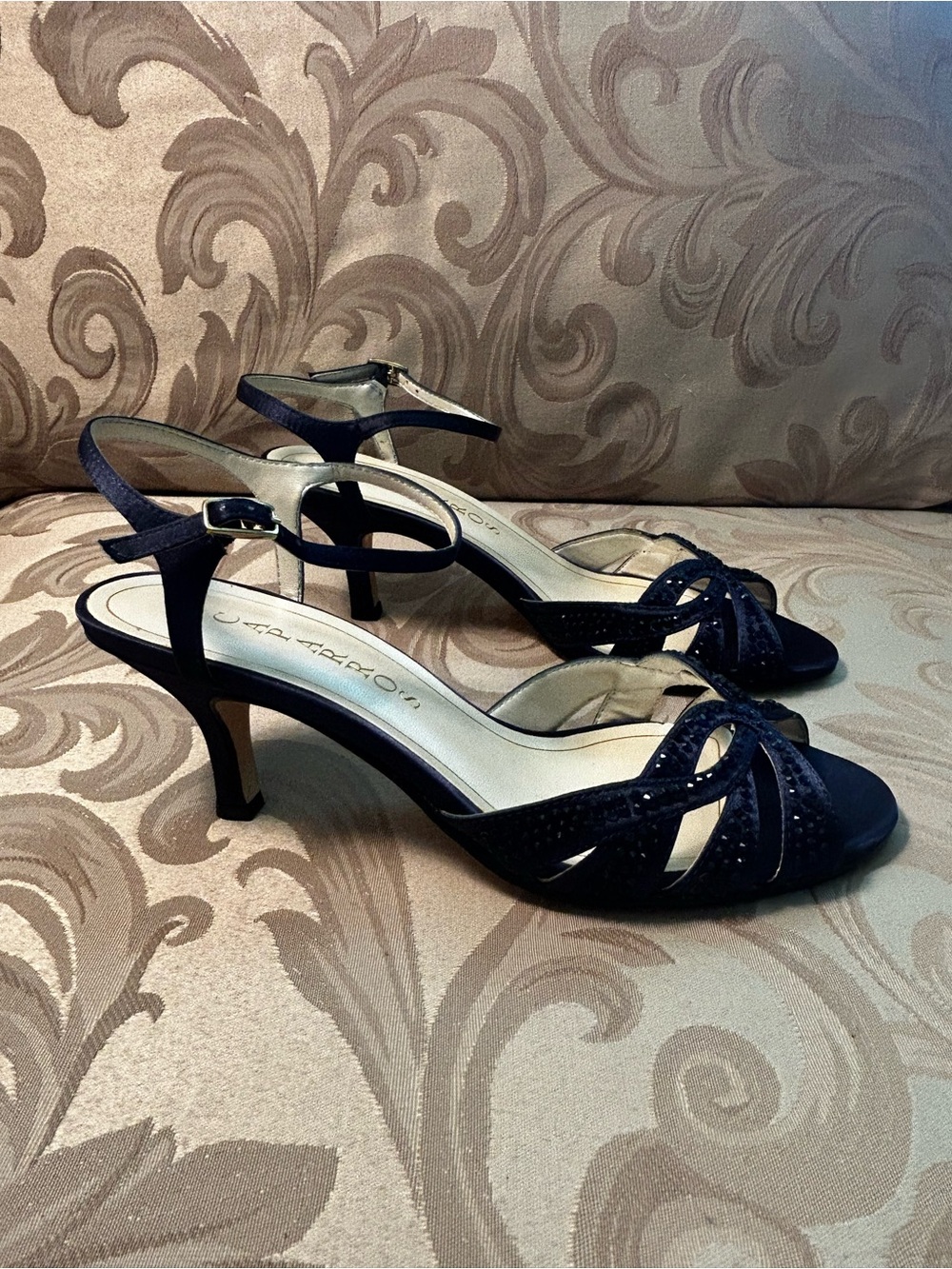 Caparros Women’s 7 Navy Blue Suede Satin Slingback Heels Rhinestone Ankle Strap